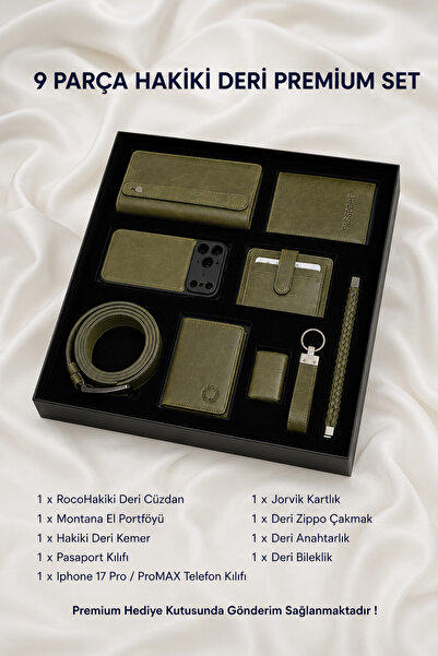 CüzCan iPhone 17 Pro Compatible 9 Piece Genuine Leather Men's Gift Set Green ...