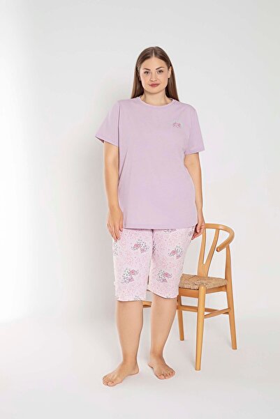 I BIZA Lila Kısa Kollu Kapri Büyük Beden %100 Pamuk Kadın Pijama Takımı