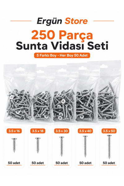 Ergün Store Sunta Vida Seti 250 Parça 3,5x16 - 3,5x18 - 3,5x30 - 3,5x30 - 3,5...