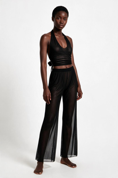 AQUELLA Siyah Tül Crop Top-Pantolon Takım