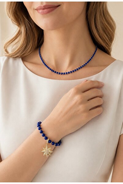 Saks Mavisi Taşlı Yıldız Charm Bileklik ve Su Yolu Çelik Kolye İkili Set