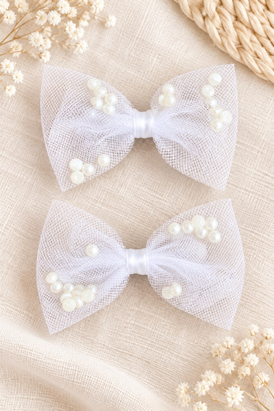 the Littles Kids 2 Pieces of Ribbon Clips with Pompoms, Pearls, and Flowers