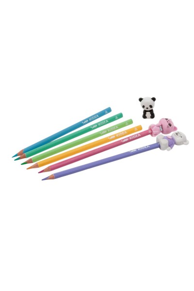 Kidea Set 5 creioane colorate pastel + 1 creion grafic HB + 3 radiere ursulet...