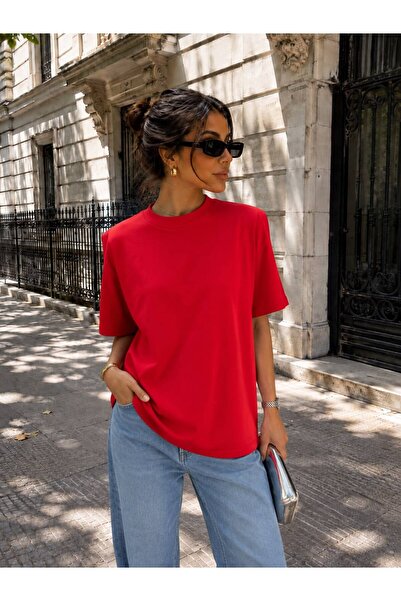 bunubanayolla Sırtı Taşlı Kalpli Kırmızı Tshirt