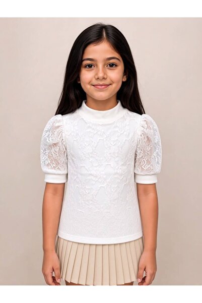 GUËNNA istanbul Cotton Turtleneck Balloon Sleeve Front and Sleeve Lace Detail...