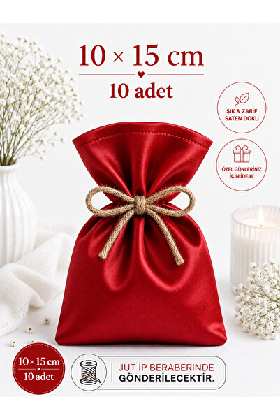 ALASEREN 10x15 cm 10 Adet Saten Kese Kırmızı – Jüt İpli Hediyelik Kese, Nikah...