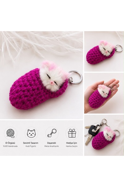 jasmina store Hand-Knitted Sleeping Cat Keychain