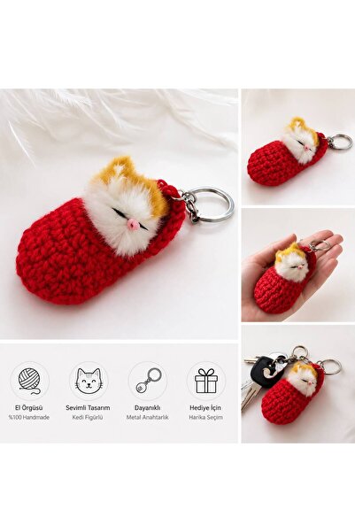 jasmina store Hand-Knitted Sleeping Cat Keychain