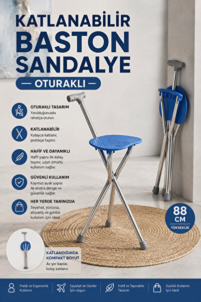 Yenilig Katlanabilir Baston Sandalye Oturaklı 88 cm Taşınabilir Hafif Pratik ...