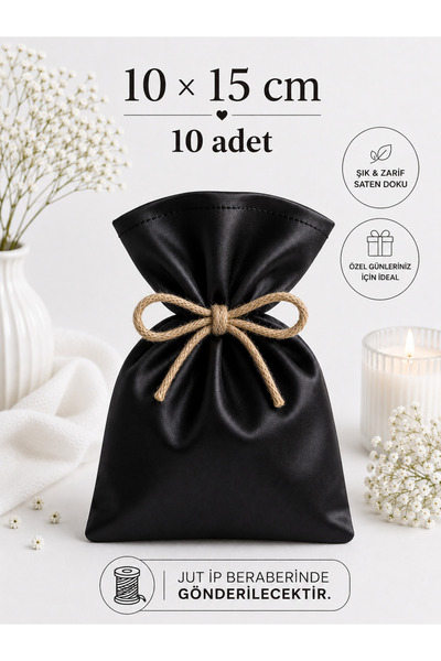 ALASEREN 10x15 cm 10 Adet Saten Kese Siyah – Jüt İpli Hediyelik Kese, Nikah K...
