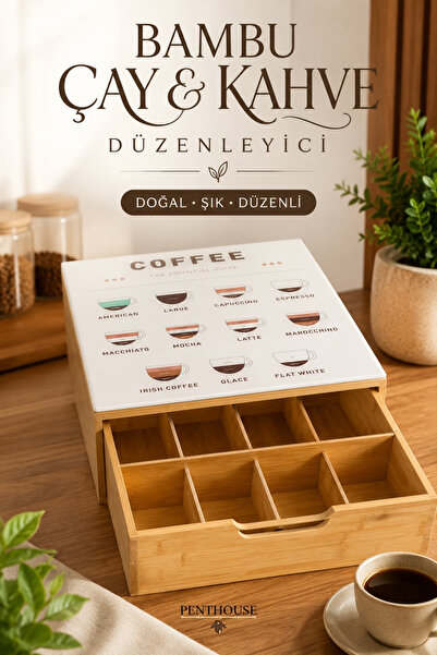 Penthouse Bambu Çay ve Kahve Düzenleyici 8 Bölmeli Çekmeceli Kapsül Kahve ve ...