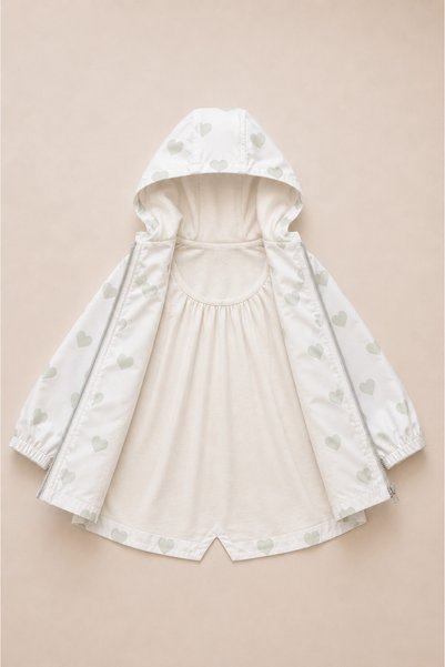 BENBİLGE Girl's Heart Patterned Hooded Cotton Lined Raincoat Waterproof Zippered Seasonal Thin Coat Jacket