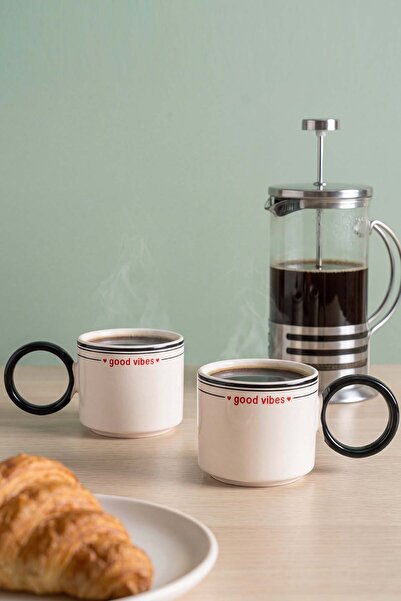 Rivaİstanbul Black Good Vibes Stackable Cup with Ring Handle – 2 Pieces
