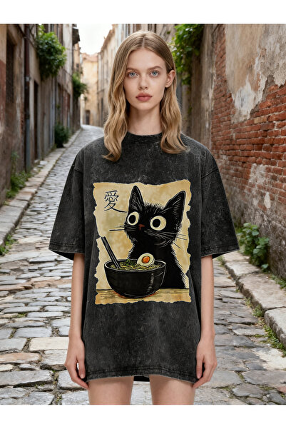 MSEF تي شيرت مطبوع عليه رسوم متحركة يابانية من Cat Ramen، قميص قطني للجنسين