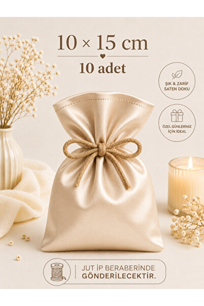 ALASEREN 10x15 cm 10 Adet Saten Kese ŞAMPANYA rengi– Jüt İpli Hediyelik Kese,...