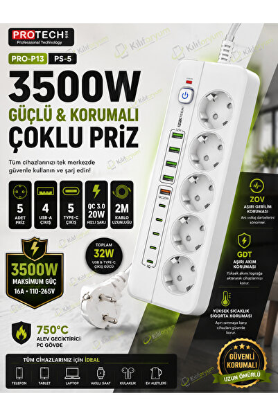 Kılıforyum 3500W Akım Korumalı 5’li Priz – 4 USB-A, 5 Type-C, QC 3.0 20W Hızl...