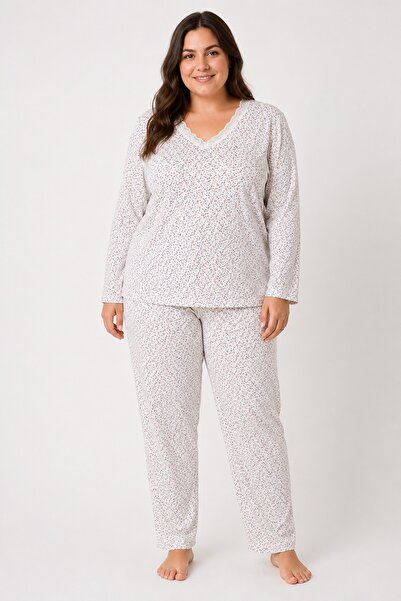 CottonVia Mother's Pajama Set, Cotton, Lace V-Neck, Long Sleeves, Ecru & Burg...
