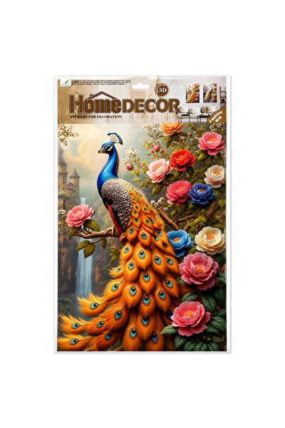 Home Decor Autocolant 3D Premium pentru Perete – Paun Regal cu Flori, 33 × 48 cm