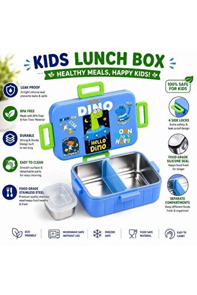 Twisoo Cartoon Print Bento Lunch Box Stainless Steel Tiffin Box with Partition, Leakproof Square Buckle Design 600ml Container + 100ml Steel Bowl