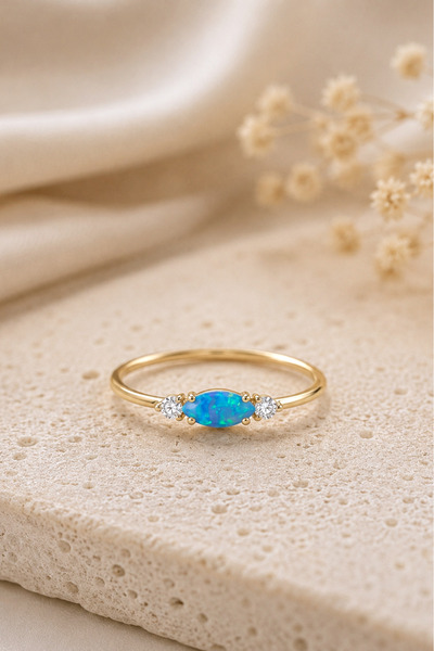 Spossy Silver Jewelry 925 Ayar Gümüş Gold Kaplamalı Mavi Opal Badem Taşlı İnc...