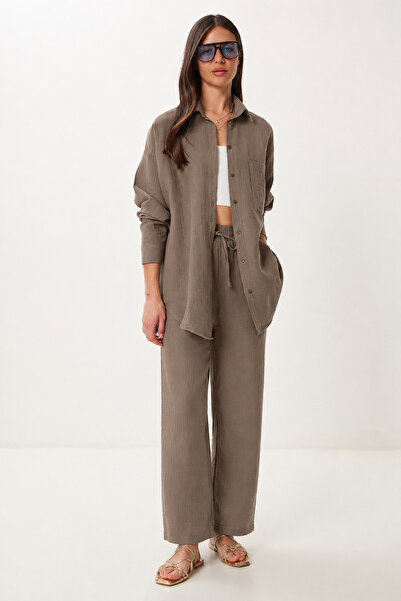 Lovelyİstanbul Oversize Müslin Gömlek Pantolon Takım LSA0014 VİZON