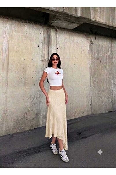 greymoda Kadın Beyaz Asimetrik Kesim Astarlı Dantel Etek_GRY_003451