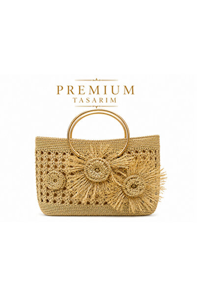 ELAN COLLECTİON Kadın Çanta Premium Metalik İp Özel Gül Tasarım Astarlı %100 ...