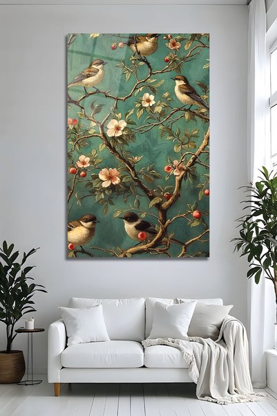 Parıltı Yayınları Pictură pe sticlă cu motiv de păsări în ramură botanică, im...