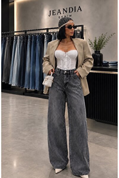 MEECY Trend Wide-Leg Relaxed Fit Gray Denim Trousers