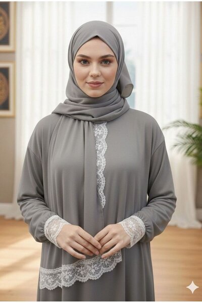 medipek Tek Parça Şallı Dantelli Bilekleri Lastikli Namaz Elbisesi