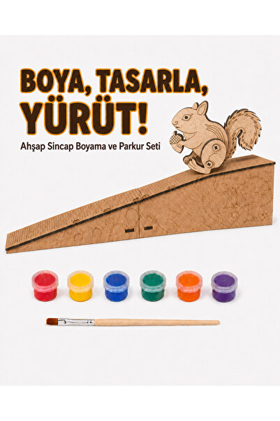 EDKZEKA Çocuk Ahşap Hareketli Sincap Boyama Seti – 6 Renk Boya, Fırça ve Kola...
