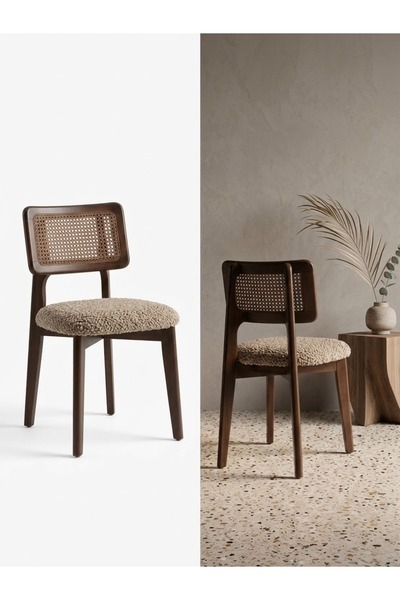 TIMELESS HOME 2'li Set Doğal Ahşap Ceviz Renk Hazeranlı Ekru Renk Kumaşlı Zio...