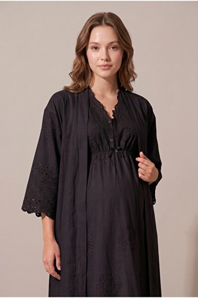 LOHOUSE Women's Black Linen Scalloped Lace Maternity Nightgown Set with Easy ...