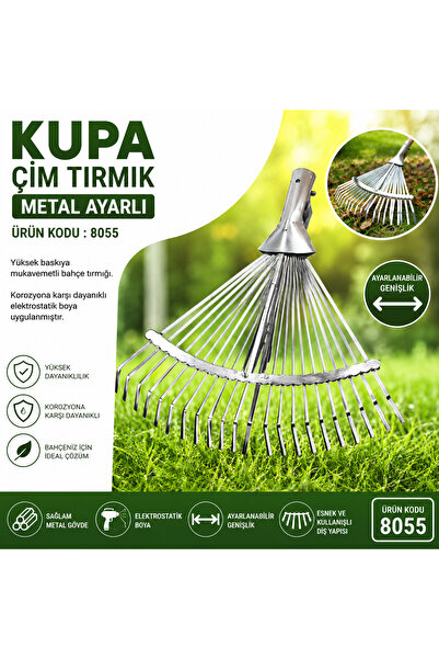 Kupa Metal Ayarlı Çim Tırmığı Kırılmaz Gövde Yaylı Dişler Extra Güçlü Kup:8055