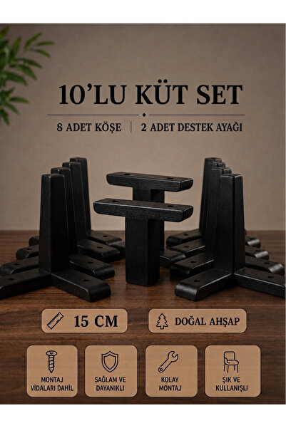 LEGORA WOOD DESIGN 15 cm Lemn negru Set de 10 picioare pentru mobilier Picior...