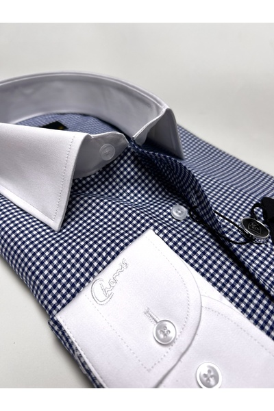 Chamis Tessitura Monti Italian Navy Blue Shirt – Slimfit Contrast White Colla...