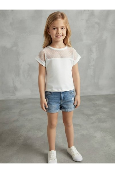 GUËNNA istanbul Girl's White Short Sleeve Tulle Polka Dot Blouse T-Shirt with...