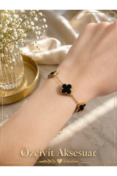Özçivit Aksesuar Black 4-Leaf Clover Steel Bracelet