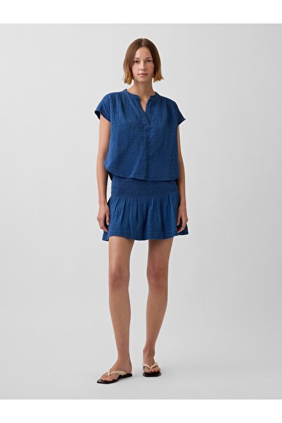 GAP Kadın Mavi Pamuk Gauze Denim Smocked Waist Mini Şort
