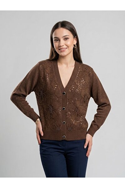 ON TRİKO V-Neck Beaded and Sequined Knitwear Cardigan 10905