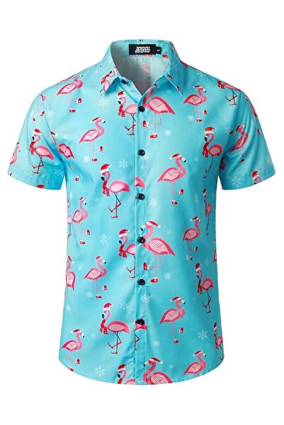 Jogal Hawaiian shirt for men, short sleeve, flamingo print, light blue, M