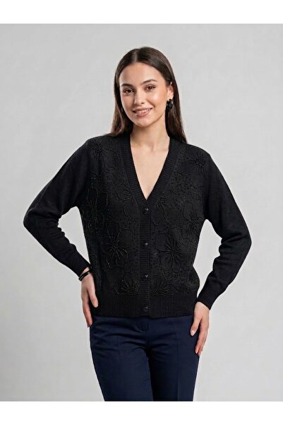 ON TRİKO V-Neck Beaded and Sequined Knitwear Cardigan 10905