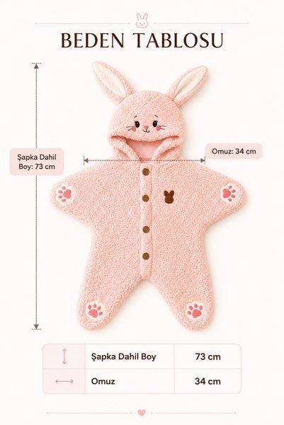 Beniizle 0-6 Ay Bebek Tavşanlı Welsoft Peluş Tulum Kapüşonlu Kışlık Uyku Tulumu Pembe