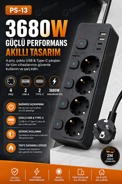 Kılıforyum PS-13 3680W 4’lü Anahtarlı Akım Korumalı Priz – 2 USB-A, 2 Type-C,...