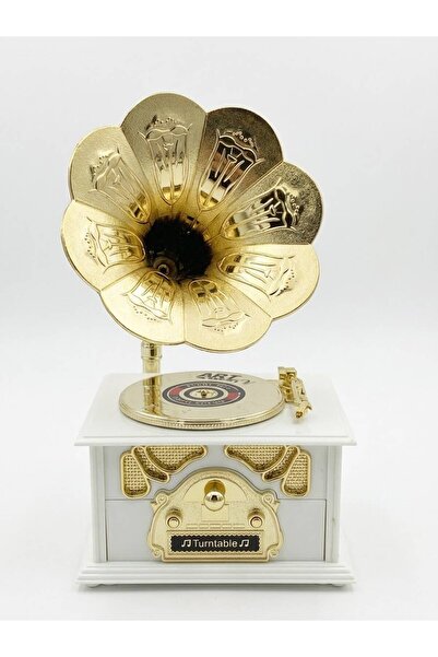 İmza Çiçek & Hediye Nostaljik Gramafon Tasarımlı Kurmalı Müzik Kutusu ve Takılık (Beyaz - Gold) Dekoratif Hediyelik