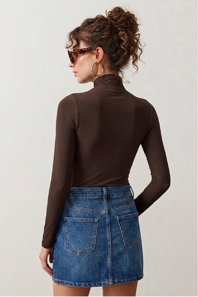 AÇELYA TEKSTİL Drawstring High Collar Body-Fitting Stretchy Knitted Luxury Women's T-Shirt