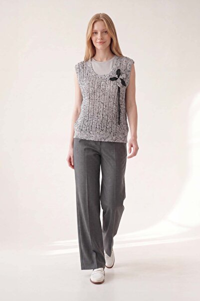 Levidor Gray Floral Detailed Knitwear Blouse