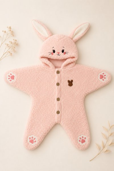Beniizle 0-6 Ay Bebek Tavşanlı Welsoft Peluş Tulum Kapüşonlu Kışlık Uyku Tulumu Pembe