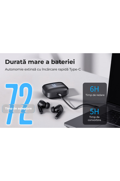 OEM Căști wireless In-Ear TWS, Bluetooth 5.3, afișaj digital HD, microfon cu reducere zgomot - Negru