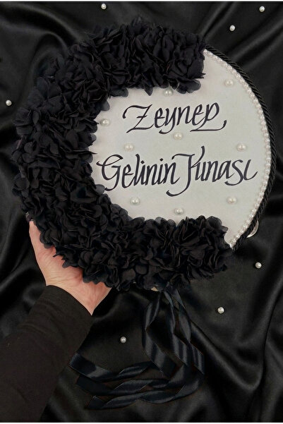ZEYMERADE Siyah Gelin Tefi, Kordonlu İncili Ve Lazer Çiçek Süslemeli 30cm, Dü...